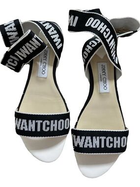 Jimmy Choo Cloth Wrap Sandals Black & White Logo Strap “I want choo”- W size 38